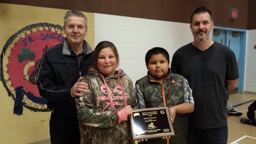 Left to right: Don Tessier, Associate Superintendent, Shashawna Tremblay, Braden Campbell and Christopher Carson, Conklin Community School Principal