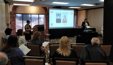 Maddy Daniels, Board Chair and Lorraine Cardinal Roy, Director of First Nations, Metis and Inuit Learner Success presenting at PSBAA SGM on June 2, 2018